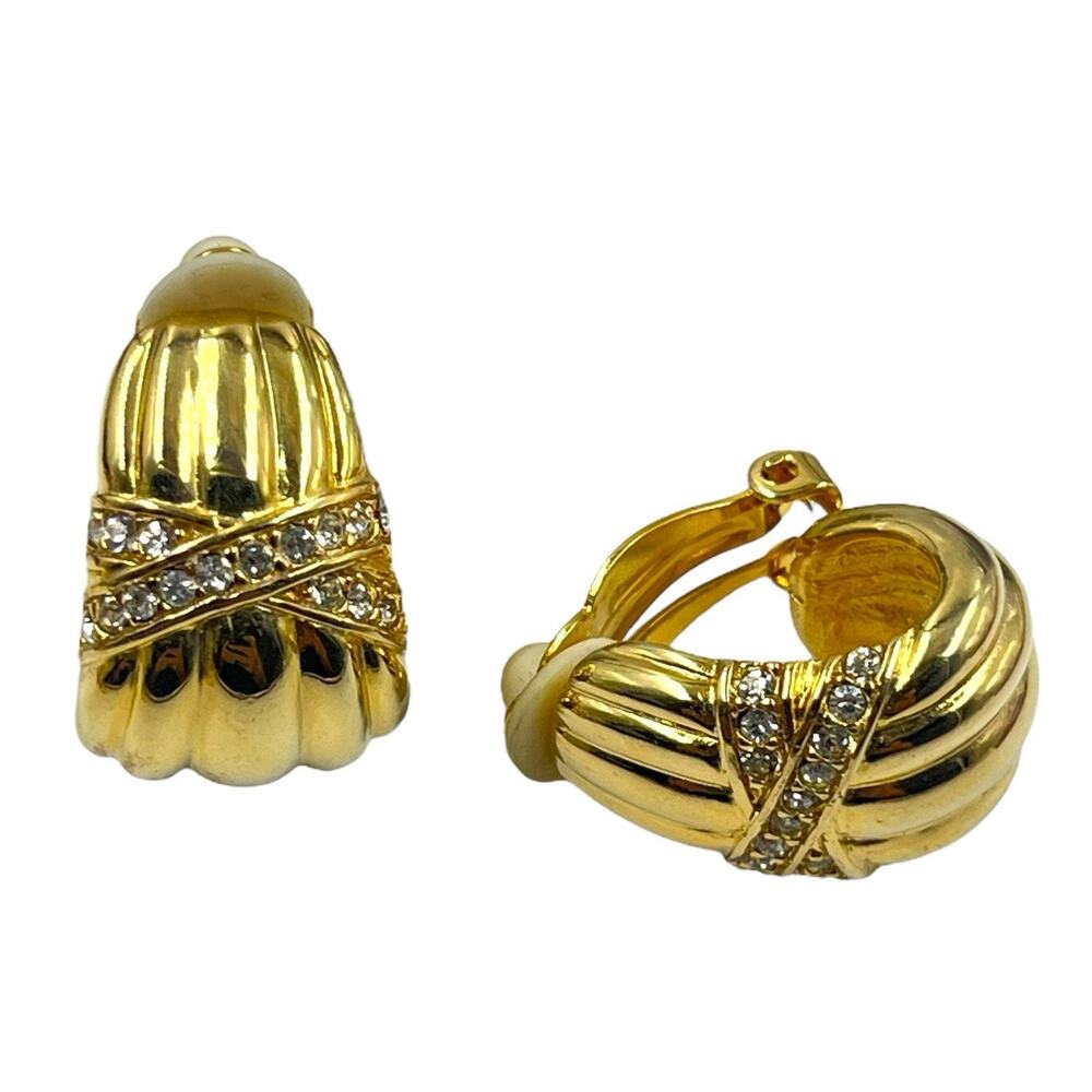 Erwin Pearl Vtg 80s 90s Gold Tone Rhinestone Hoop Drop Clip On Earrings Ribbed